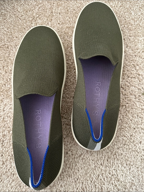 Rothy's Shoes - Rothy's Olive Knit Slip-On Sneakers with Purple Insole and Blue Trim